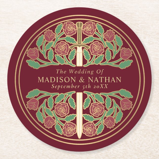 Red Royal Medieval Gold Sword Wedding Runder Pappuntersetzer (Vorderseite)