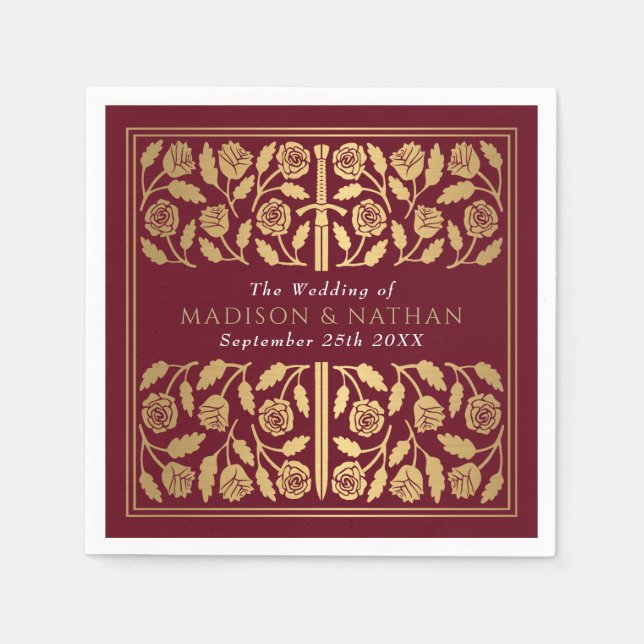 Red Royal Medieval Gold Sword Wedding Serviette (Vorderseite)