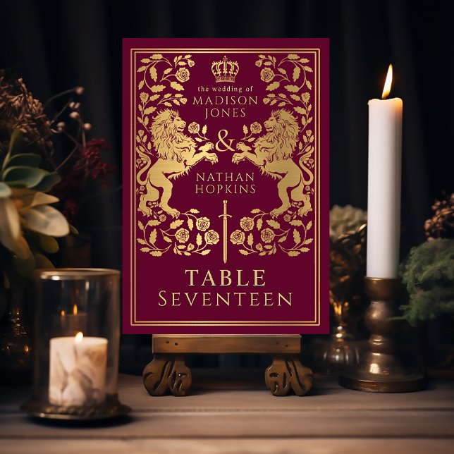 Red Royal Medieval Lion Wedding Tischnummer (Von Creator hochgeladen)
