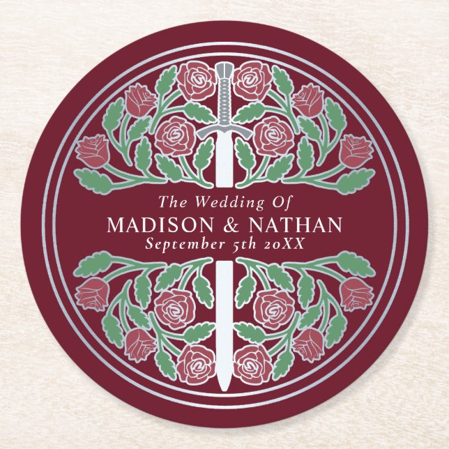 Red Royal Medieval Silver Sword Wedding Runder Pappuntersetzer (Vorderseite)