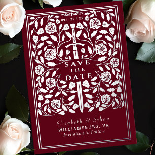Red Royal Medieval Sword Wedding rettet das Datum Folieneinladung
