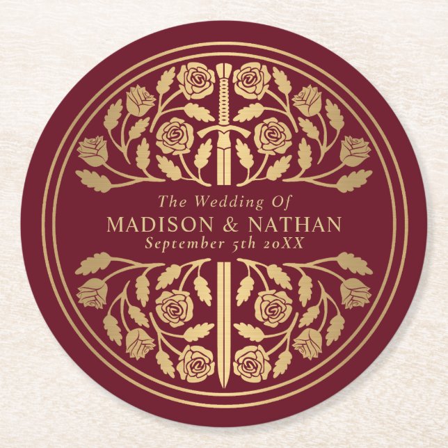 Red Royal Medieval Sword Wedding Runder Pappuntersetzer (Vorderseite)