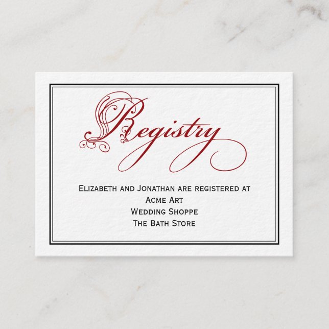 Red Royal Script Calligraphy Wedding Registry Card Begleitkarte (Vorderseite)