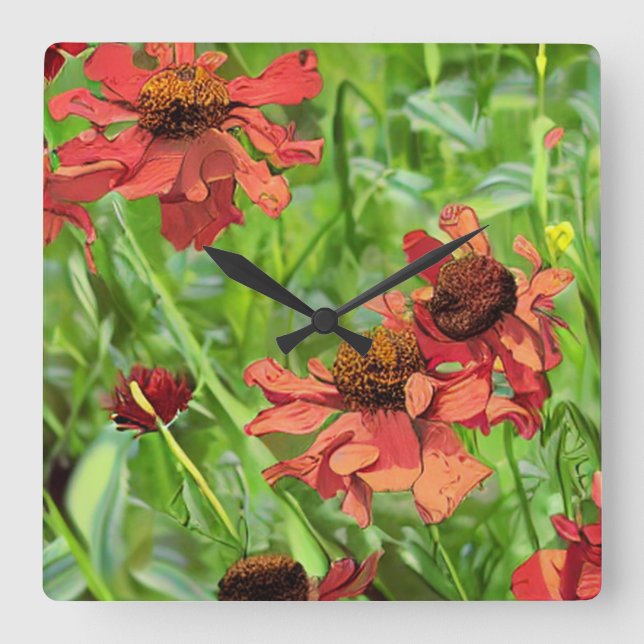 RED RUDBECKIA FLOWERS QUADRATISCHE WANDUHR (Vorderseite)