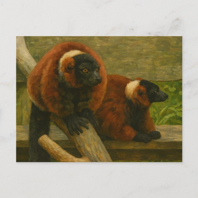 Red Ruffed Lemurs in Woodland Light Postkarte (Vorderseite)