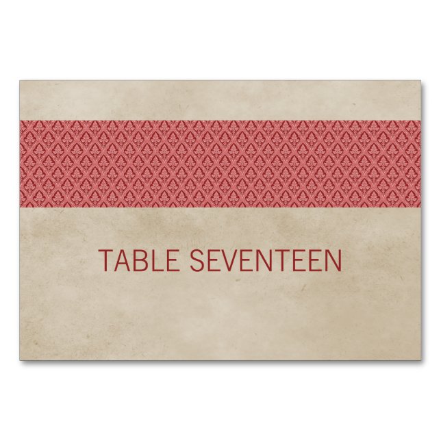 Red Russel Damask Table Card Tischnummer (Vorderseite)
