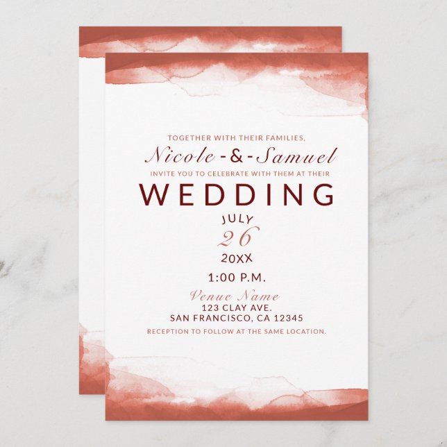 Red Rust Clay Brown Wasserfarbe Chic Moderne Hochz Einladung (Vorne/Hinten)