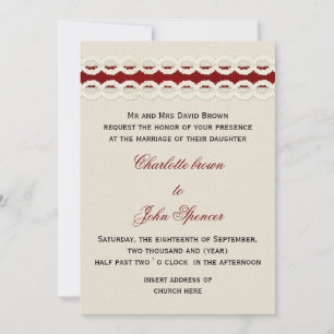 Red Rustic Burlap und Spitzen Country Hochzeit Einladung