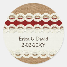 Red Rustic Burlap und Spitzen Country Hochzeit Runder Aufkleber