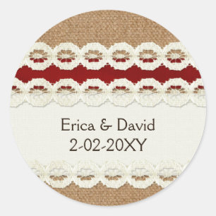 Red Rustic Burlap und Spitzen Country Hochzeit Runder Aufkleber