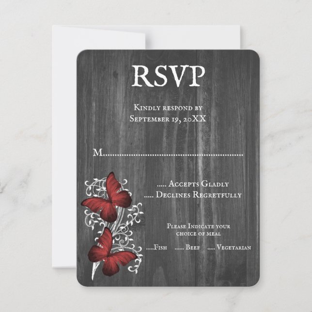 Red Rustic Butterfly Wedding RSVP Card Karte (Vorderseite)