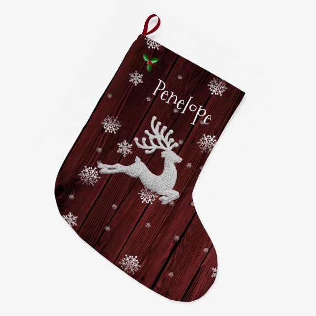 Red Rustic Christmas Reindeer Strumpf Großer Weihnachtsstrumpf (Vorderansicht (hängend))