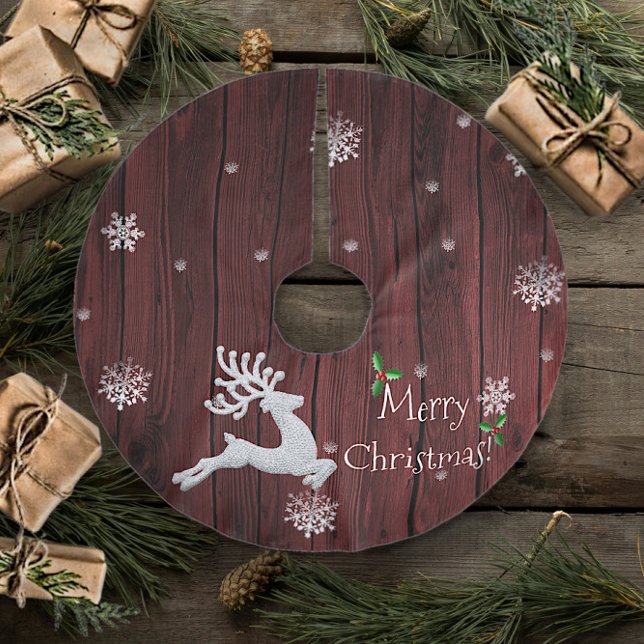 Red Rustic Christmas Rentier Tree Skirt Polyester Weihnachtsbaumdecke (Red Rustic Christmas Reindeer Holiday Tree Skirt)