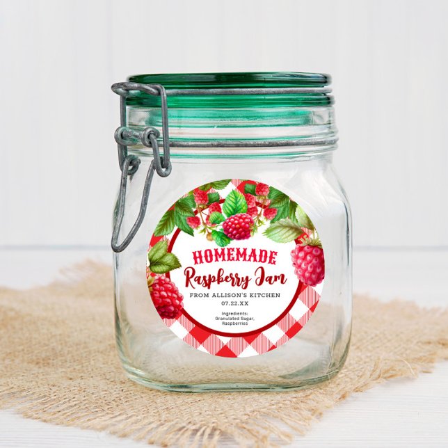 Red Rustic Gingham Raspberry Jam Jar Label Runder Aufkleber (Von Creator hochgeladen)
