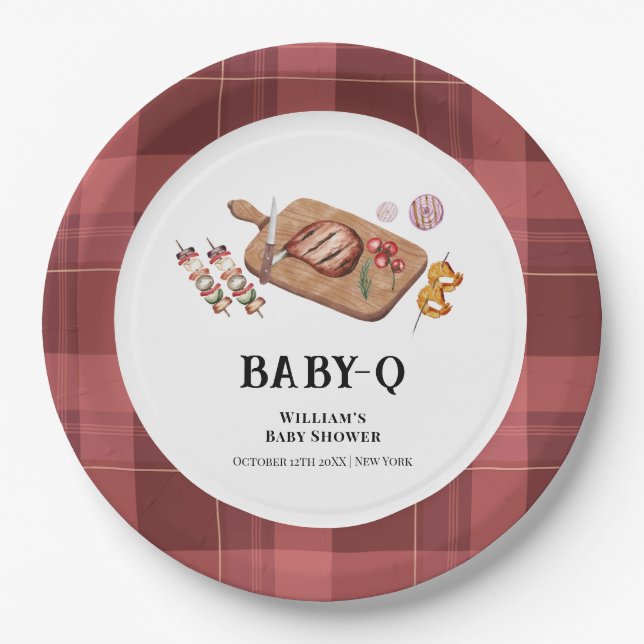 Red Rustic Kariert Country Baby Q Baby Dusche Pappteller (Vorderseite)