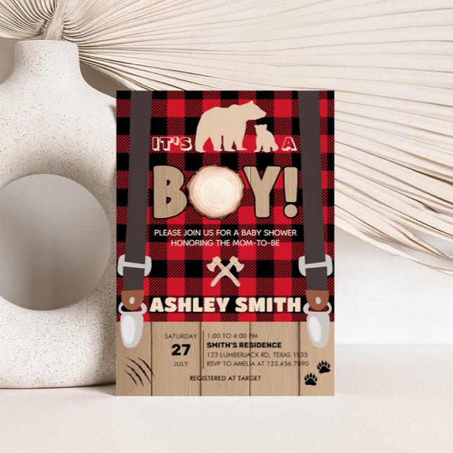 Red Rustic Kariert Lumberjack Baby Dusche Einladung (Plaid Lumberjack Baby Shower Invitation )