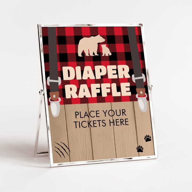 Red Rustic Kariert Lumberjack Diaper Raffle Poster (Plaid Lumberjack Baby Shower Diaper Raffle Sign)