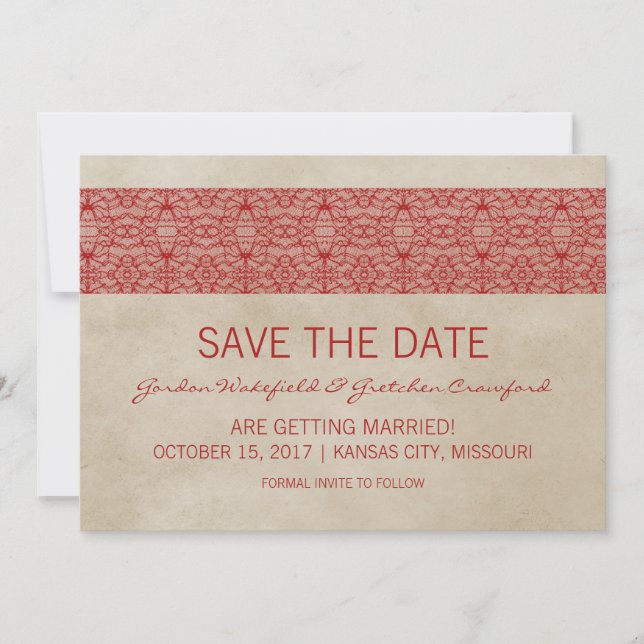 Red Rustic Lace Save the Date einladen Einladung (Vorderseite)
