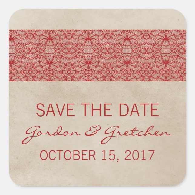 Red Rustic Lace Save the Date Stickers (Vorderseite)