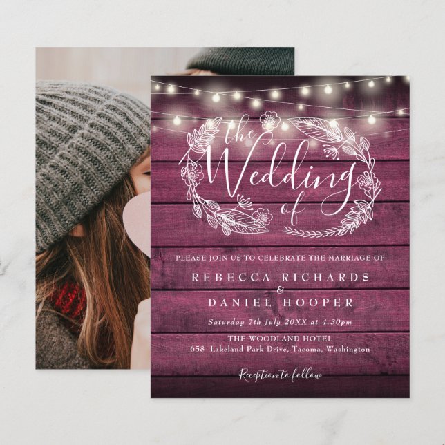 Red Rustic Lights Foto Hochzeit Einladung (Vorne/Hinten)