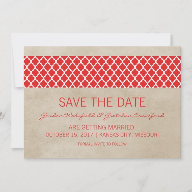 Red Rustic Quatrefolie Save the Date einladen Einladung (Vorderseite)