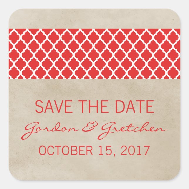 Red Rustic Quatrefolien Save the Date Aufkleber (Vorderseite)