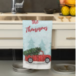 Red Rustic Truck Merry Christmas Custom Geschirrtuch<br><div class="desc">This design features a merry Christmas kitchen towel,  with red and green,  rustic red truck,  and woodland tree in the back bed,  a cute festive hostess keepsake,  perfect for holiday baking,  with calligraphy script,  an elegant typography,  a whimsical design.</div>