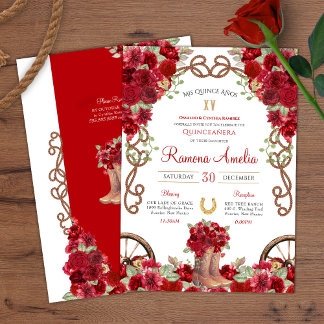 Red Rustic Western Charro Cowboy Boots Quince Einladung