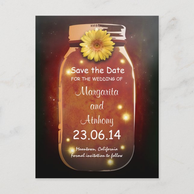 Red Rustic Whimsical Mason Jar Save the Date Ankündigungspostkarte (Vorderseite)