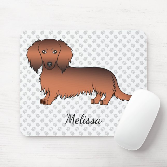 Red Sable Long Hair Dackel Cartoon Dog & Name Mousepad (Mit Mouse)