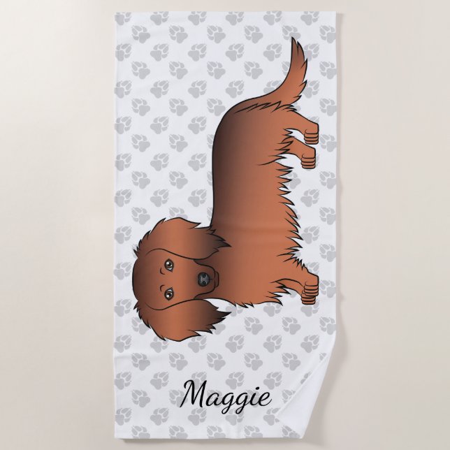 Red Sable Long Hair Dackel Cartoon Dog & Name Strandtuch (Vorderseite)