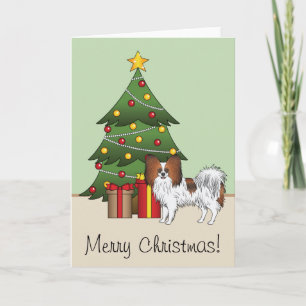 Red Sable Papillon Happy Dog By a Christmas Tree Karte