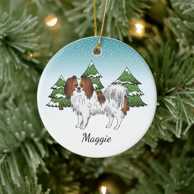 Red Sable Phalène Dog Blue Green Winter Forest Keramik Ornament (Baum)