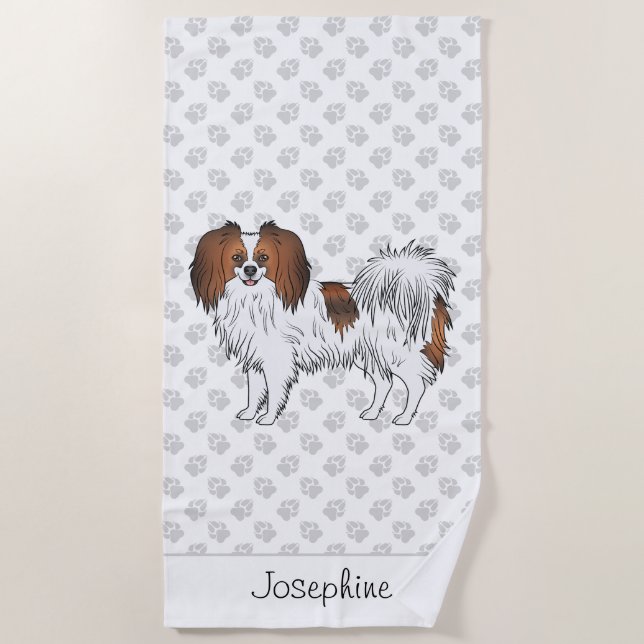Red Sable Phalène Dog Design mit Individuelle Name Strandtuch (Vorderseite)