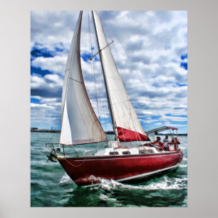 Red Sailboat, Blue Sky, Green Sea Poster