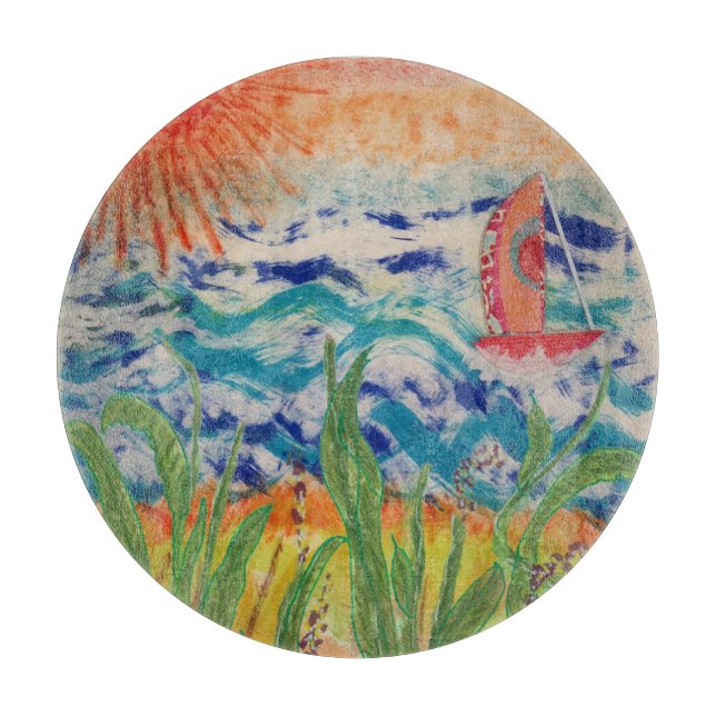 Red Sailboat Red Sun  Schneidebrett (Vorderseite)