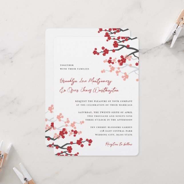 Red Sakura Blume Kirschblüten Asiatische Hochzeit Einladung (Vorderseite/Rückseite Beispiel)