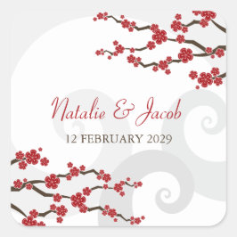 Red Sakura Blume Kirschblüten Wirbel Hochzeit Quadratischer Aufkleber