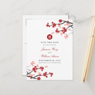 Red Sakura Double Happy Chinese Save the Date Ankündigungspostkarte
