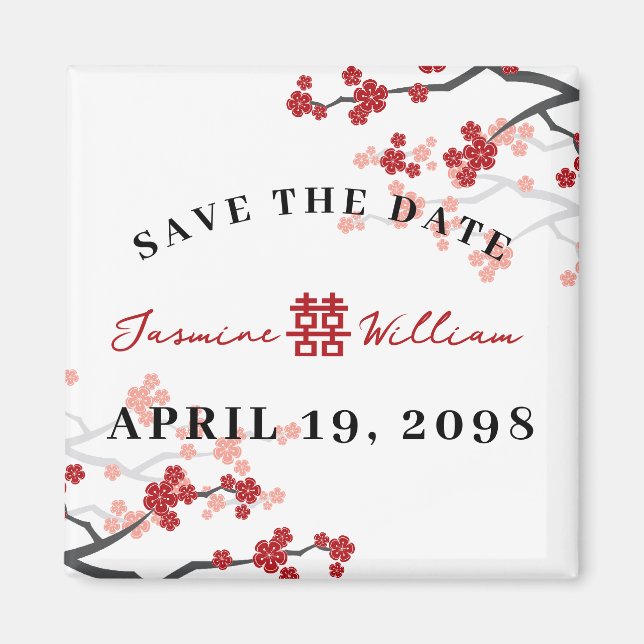 Red Sakura Double Happy Chinese Save the Date Magnet (Vorne)