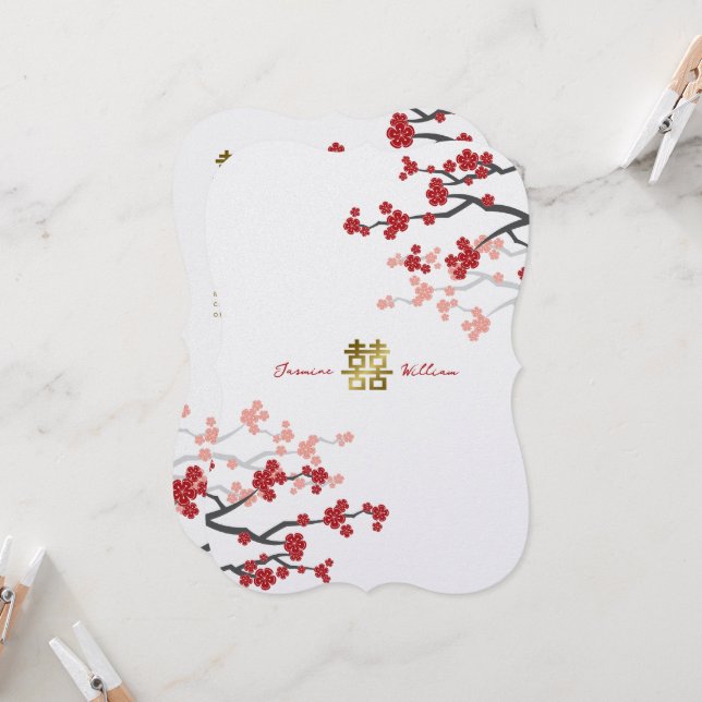 Red Sakura Golden Double Happiness Chinesische Hoc Einladung (Vorderseite/Rückseite Beispiel)