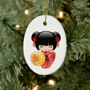 Red Sakura Kokeshi Doll - Cute Geisha on White Keramik Ornament