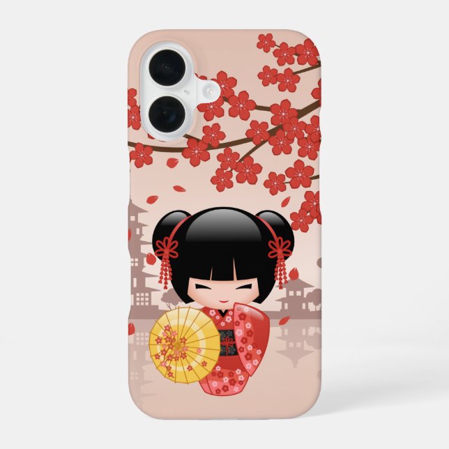 Red Sakura Kokeshi Doll - Japanese Geisha iPhone 16 Hülle (Rückseite)