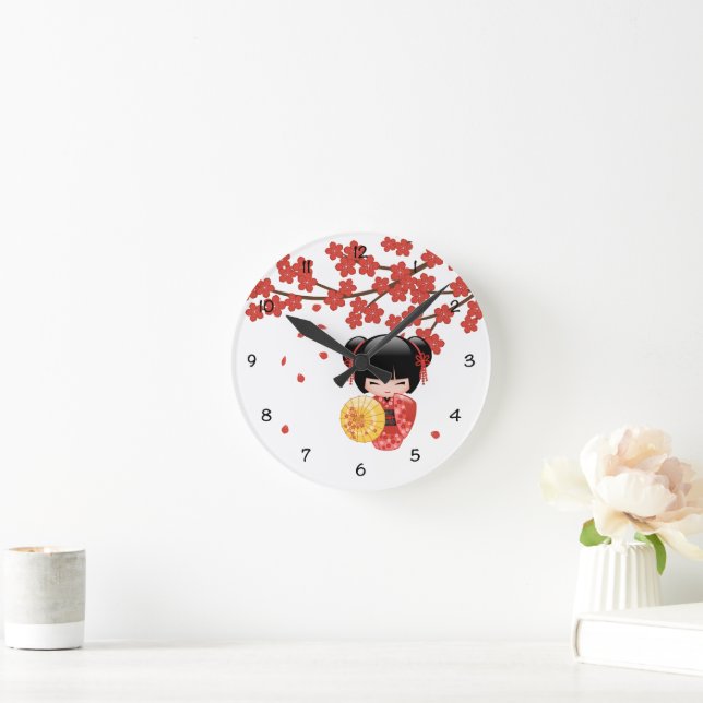 Red Sakura Kokeshi Doll - Japanisch Geisha Große Wanduhr (Zuhause)