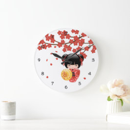 Red Sakura Kokeshi Doll - Japanisch Geisha Große Wanduhr