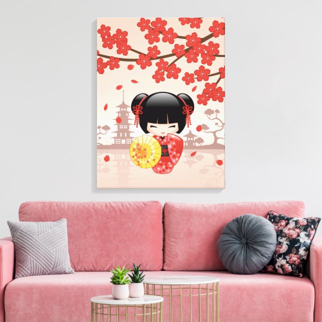 Red Sakura Kokeshi Doll - Japanisch Geisha Leinwanddruck (Insitu (Wohnzimmer))