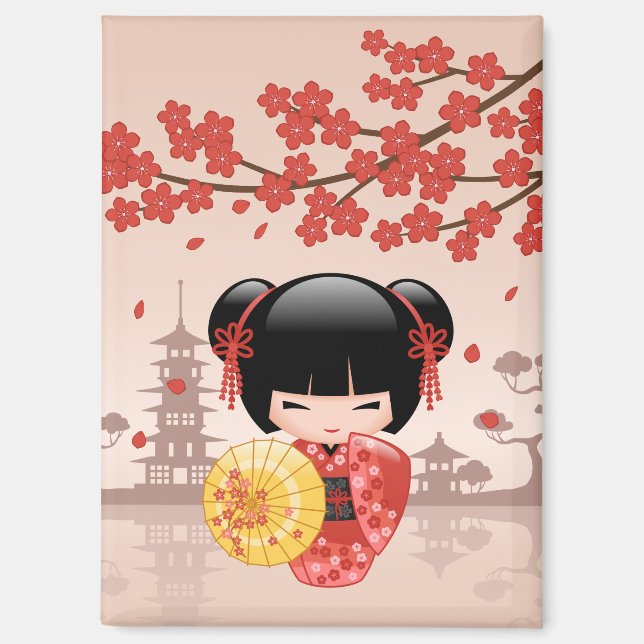 Red Sakura Kokeshi Doll - Japanisch Geisha Magnet (Vorderseite)