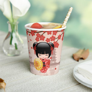 Red Sakura Kokeshi Doll - Japanisch Geisha Pappbecher
