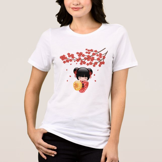 Red Sakura Kokeshi Doll - Japanisch Geisha Tri-Blend Shirt (Vorderseite)