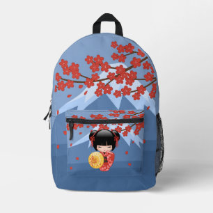 Red Sakura Kokeshi Doll - Niedlich Geisha Girl Bedruckter Rucksack